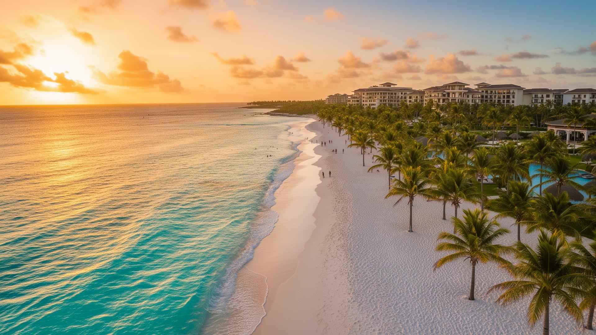 Playa de Punta Cana al atardecer con resort tropical