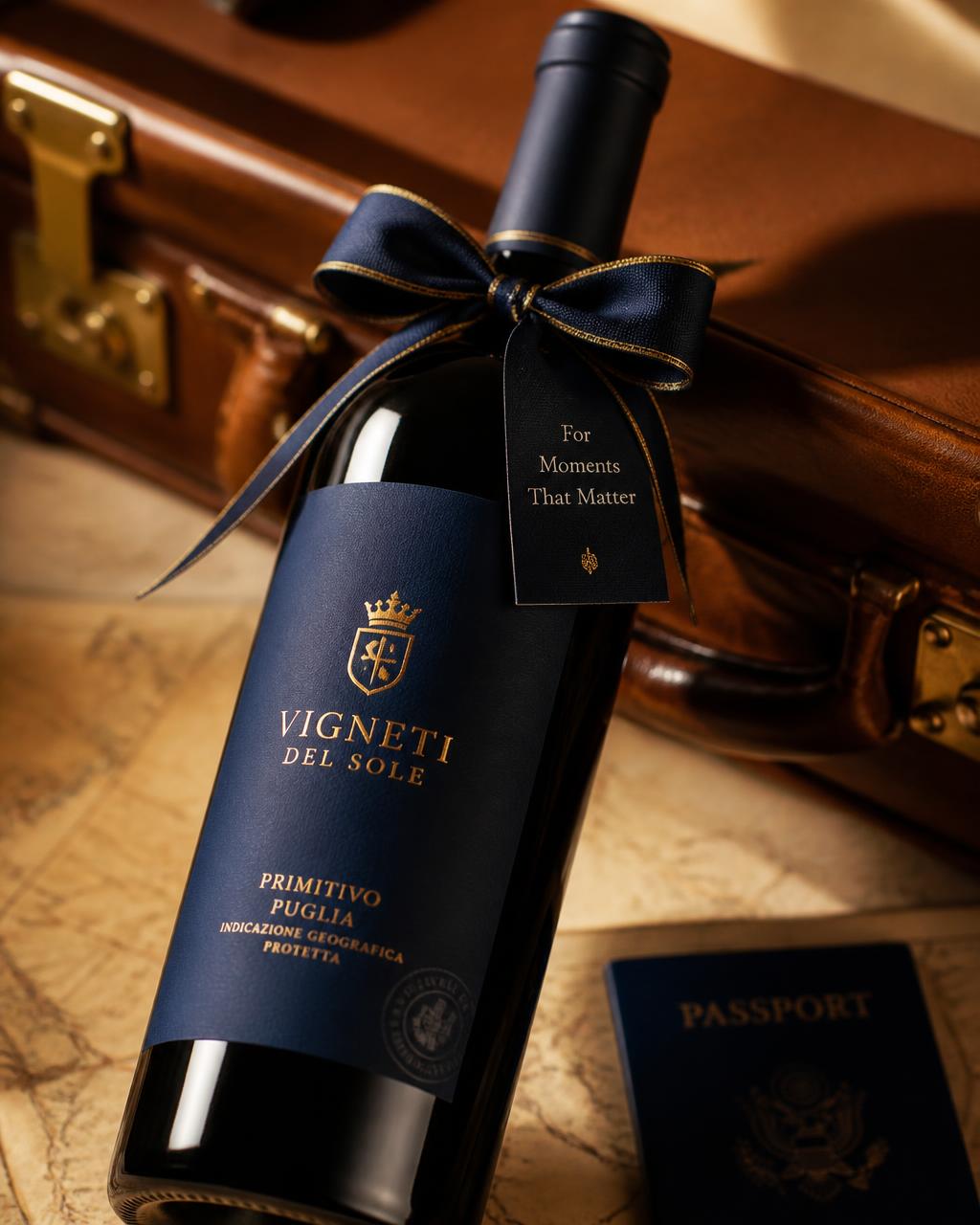 Botella de vino tinto premium presentada como regalo junto a una maleta de viaje